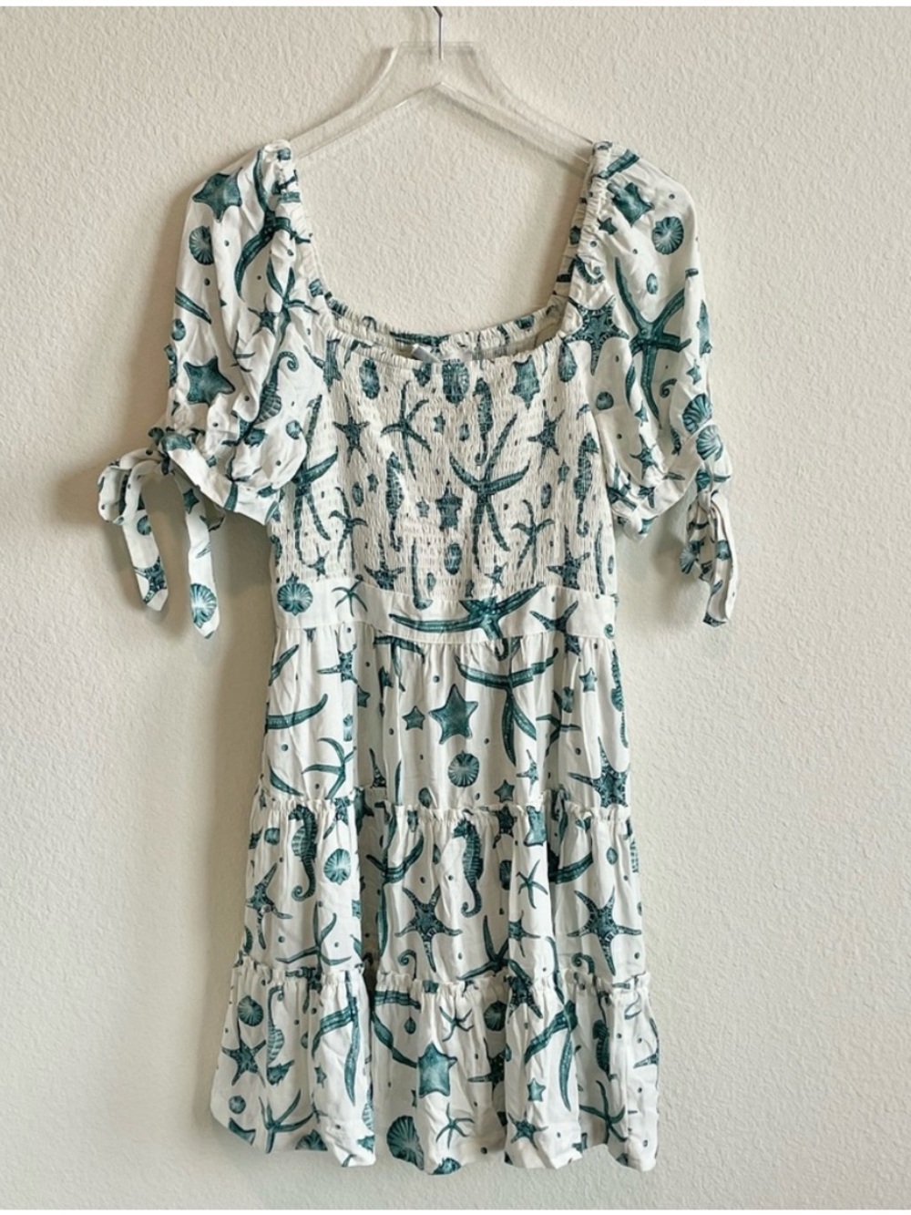 Agua Bendita Target Deep Sea Print White & Blue Puff Sleeve Dress